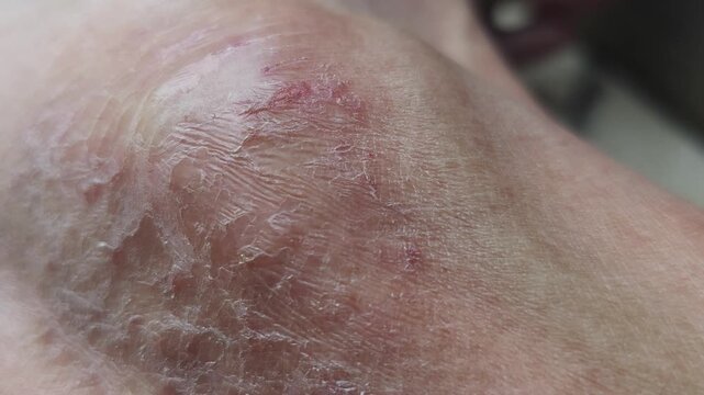 Extreme close-up of dry cracked scaly skin showing symptoms of severe dermatitis eczema or ichthyosis with redness and irritation indicating a dermatological condition