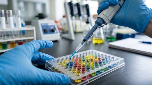 Lab worker pipetting colorful samples in microplate