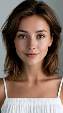 Young woman brown hair natural makeup white top confident smile studio portrait healthy skin beauty