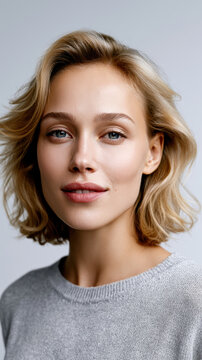 Woman blonde hair blue eyes fair skin natural makeup soft smile casual sweater studio portrait youthful confident expression