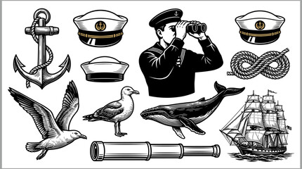 Vintage Maritime Collection with Sailor Anchor Ship Whale and Nautical Symbols © Jahanara