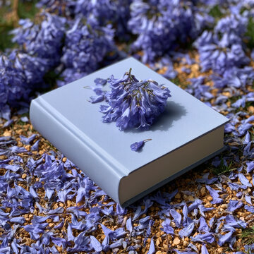 Hardcover book purple flower petal outdoor nature spring floral literature garden peaceful hardcover book with purple flower petals cover lies