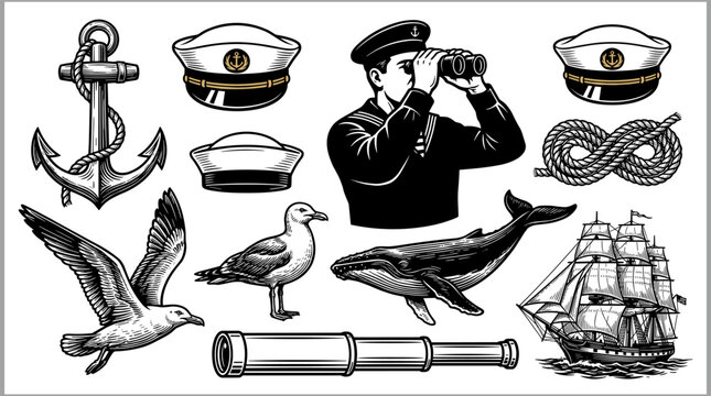 Vintage Maritime Collection with Sailor Anchor Ship Whale and Nautical Symbols