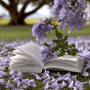 Open book purple flower petal grass outdoor nature literature spring reading peaceful scene. An open book lies grass surrounded by purple petals