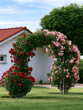 Garden arch covered with blooming red and pink roses, green lawn, white house, summer day, peaceful outdoor scene