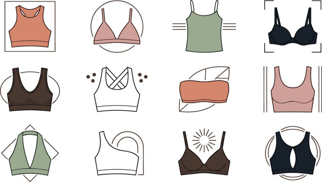 Women&rsquo;s Sports Bra and Activewear Top Illustration Set with Fitness Bralettes, Workout Crop Tops, Training Apparel, and Athletic Clothing Designs