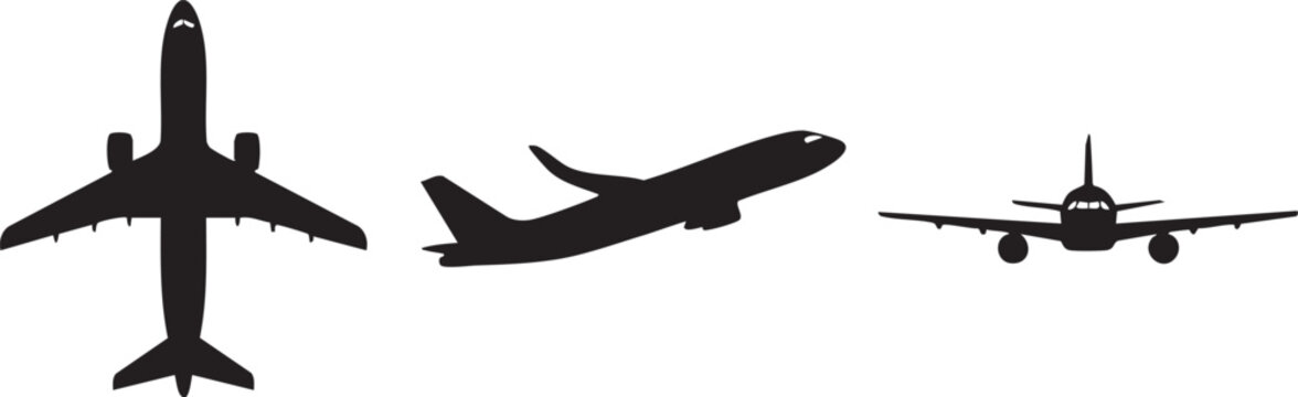 Three airplanes fly across the sky in different positions and angles