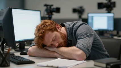 Fototapeta premium A tired red-haired man sleeps on his arms at a cluttered office desk in front of multiple monitors and cameras.