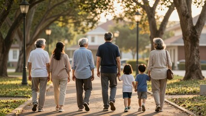 Obraz premium A large multi-generational family walks away from the camera down a tree-lined path during golden hour, showcasing bonds across ages.