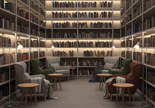Cozy Library Lounge with Soft Lighting and Comfy Chairs