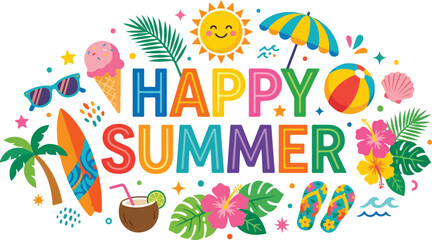 Happy summer colorful typography with beach and tropical icons © Ultimate