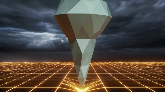 Low Poly Gemstone Object on Glowing Orange Digital Grid abstract geometric animation