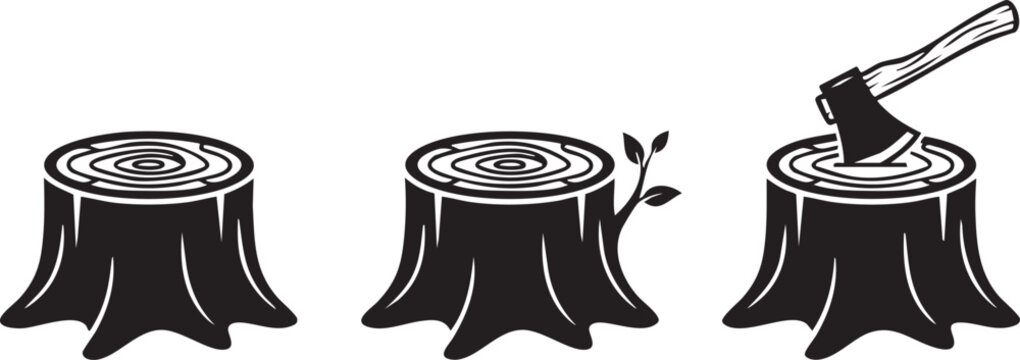 Tree stumps are being chopped with an axe in a woodcut illustration sequence