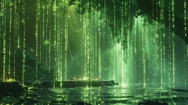 Glowing digital rain falls over a dark and mysterious forest pond