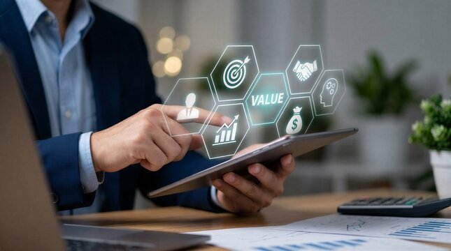 Businessman reviewing core corporate values and strategic goals on a digital tablet to enhance business partnerships and drive sustainable value creation