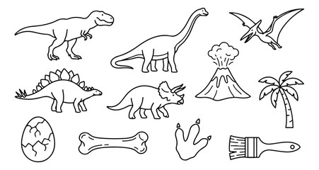 Dinosaur vector line art set, prehistoric animal collection, volcano, palm tree, and fossil bone illustrations, perfect for kids' coloring books and educational designs. © Jemie