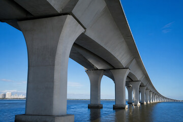 Naklejka premium A large concrete bridge spans over a body of water under a clear blue sky.