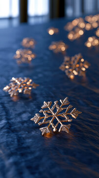 Glowing snowflake ornament, warm light, winter decoration, festive mood, metallic texture, blue background, holiday season