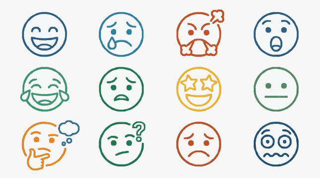 Sleek Colorful Emoticon Faces Collection Showing Diverse Expressions with Unique Outline Colors for Visual Communication