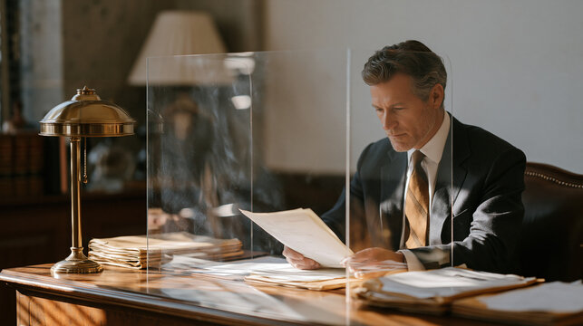 Intellectual property litigation attorney reviewing confidential trade secret documents behind clear acrylic document protectors on mahogany desk with sealed court exhibits