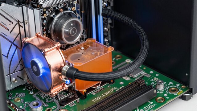 Detailed view of a custom liquid cooling loop inside a PC case featuring copper cold plates, an acrylic reservoir filled with vibrant orange coolant, and connected by braided tubing.