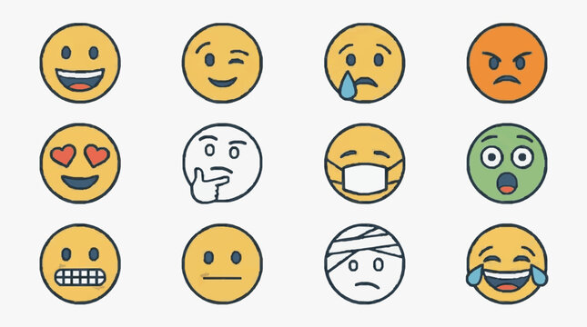 Elegant Collection of 12 Colorful Emoticon Faces Showing Diverse Expressions and Moods in Flat Design Style