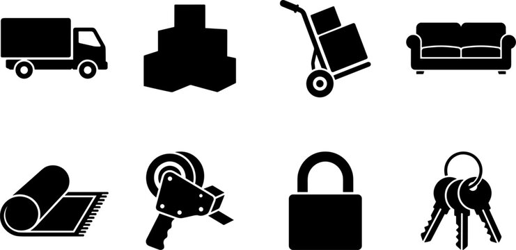 Moving, logistics, and packing solid black vector icon set for commercial and relocation services