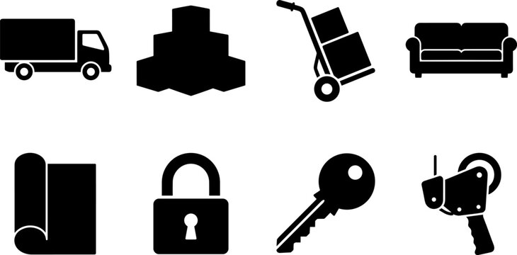 Moving, logistics, and storage solid black vector icon set for commercial and relocation services
