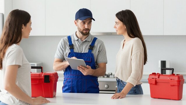 A male technician in blue overalls holds a tablet while discussing repairs with two women in a modern kitchen, flanked by red toolboxes.