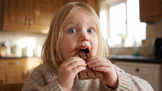Chocolate Day celebration with surprised blonde girl biting chocolate bar expressing joy happiness delight for holiday marketing advertising social media content greeting cards