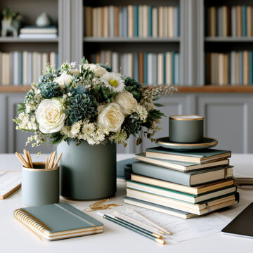 Elegant bouquet of white roses and greenery in vase on desk with books, notebooks, pencils, and cup in modern library interior