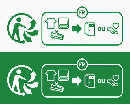 TRIMAN textile and clothing recycling instruction label for fashion packaging showing donation and drop-off options for circular economy compliance