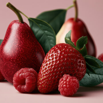 Fresh strawberry raspberry pear green leaf pink background juicy sweet delicious vibrant healthy fruit