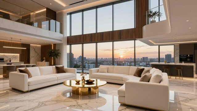 Spacious modern penthouse living room featuring white sofas and a golden coffee table overlooking a cityscape sunset.