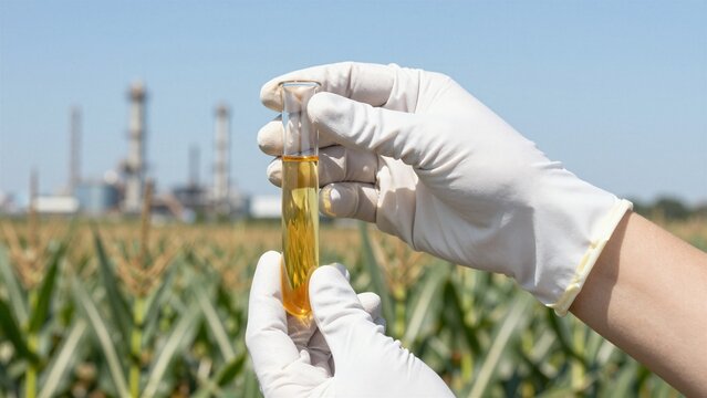Hands in white gloves hold a test tube with yellow liquid, symbolizing bioethanol production from agricultural feedstocks against an industrial backdrop.