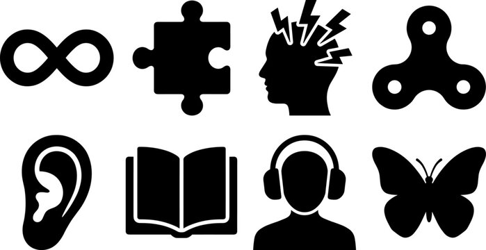 Solid black neurodiversity and autism awareness icon set with infinity puzzle and sensory vector symbols
