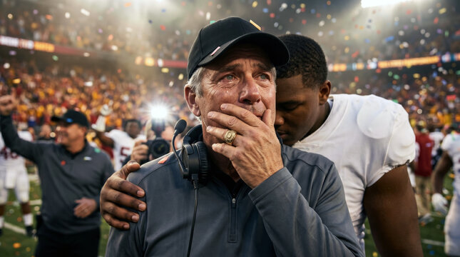 A weathered head coach standing on the sideline at the final whistle of a championship victory, eyes full of tears, one hand pressed to his mouth in profound gratitude and relief