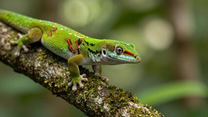 Fototapeta premium A close-up shot of a vibrant green gecko with intricate red and black patterns resting on a moss-covered branch in its natural habitat.