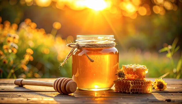 Honey jar with dipper and honeycomb.