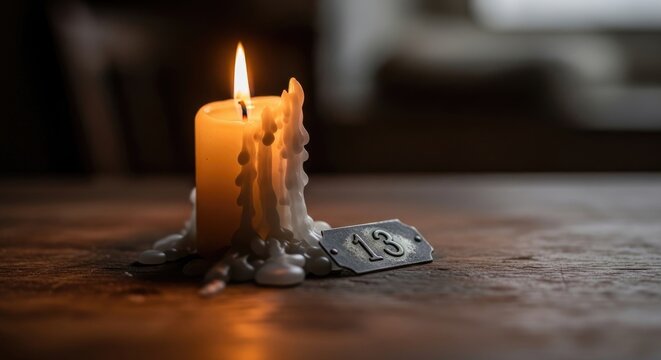Burning candle with dripping wax and a metal number 13 on a dark rustic wooden table, creating a moody atmosphere.