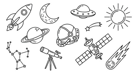 Outer space line art icons set, hand drawn astronomy doodles with rocket and planets, galaxy exploration vector elements for coloring books © Jemie