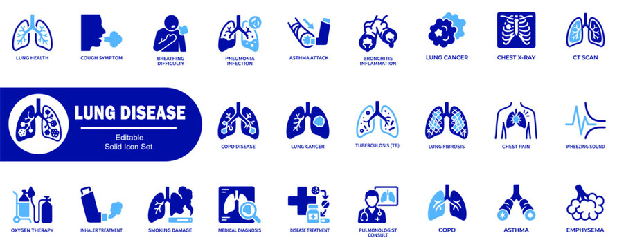 Lung Disease flat icon set. Depicting medical diagnosis symptoms conditions and treatment plans. Vector Illustrator.