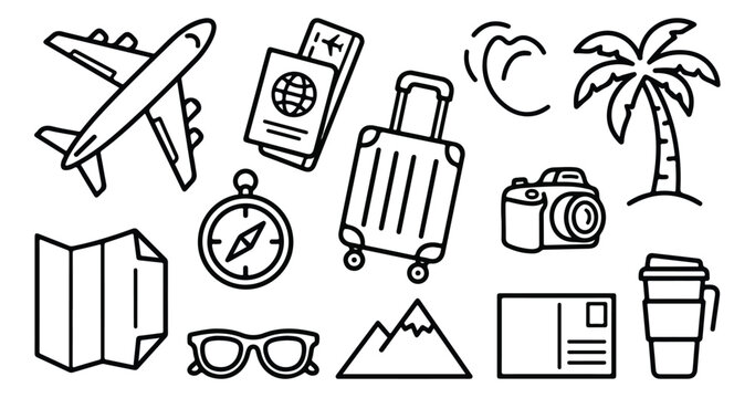 Travel and vacation icon set, minimalist black line art vector elements, 12 tourism and holiday symbols including airplane, suitcase, and passport