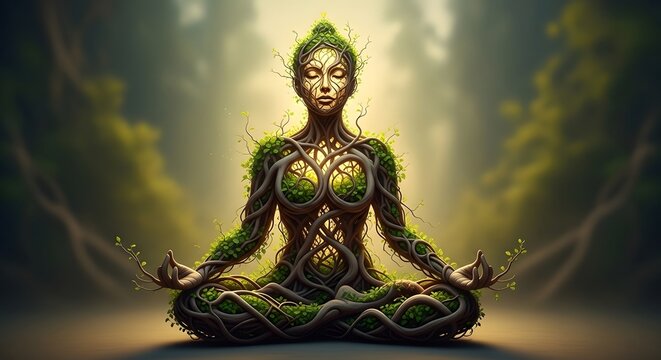 Celebrating yoga day woman in lotus pose formed by tree roots and foliage spiritual wellness concept