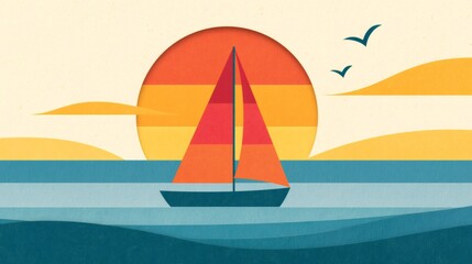 Fototapeta premium Sailboat sailing ocean at sunset minimalist paper cut
