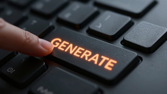 Close-up of a human finger pressing the Enter key on a keyboard, with the word GENERATE glowing in orange light.