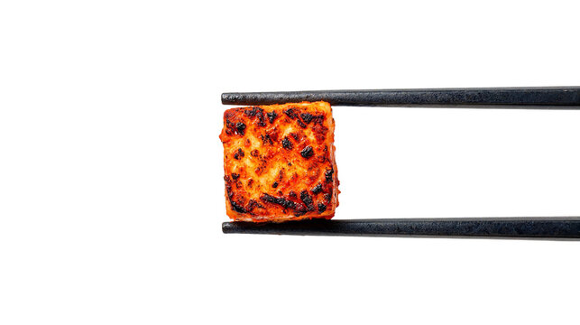 Paneer tikka cube held with chopsticks, spicy tofu, roasted cheese appetizer, barbecue, gourmet asian food photography. paneer, tofu, cheese, chopsticks, spicy, appetizer, barbecue, roasted, tikka.