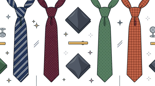 Men necktie and formal suit accessories vector illustration set featuring colorful patterned ties pocket squares tie clips cufflinks for gentleman dress code concept.