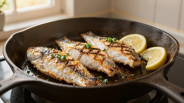 Three perfectly grilled haddock fillets sizzling in a cast iron skillet, garnished with fresh lemon slices and finely chopped parsley.