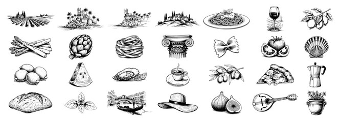 Italian cuisine food and Mediterranean travel icons set in hand drawn sketch style © Kaz